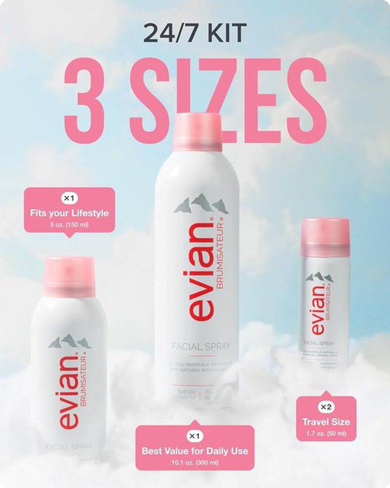 Evian Facial Spray 24/7 Kit - Hydrating Mineral Water Mist for Face & Skin - Refreshes Makeup & Tones - Travel-Friendly Sizes
