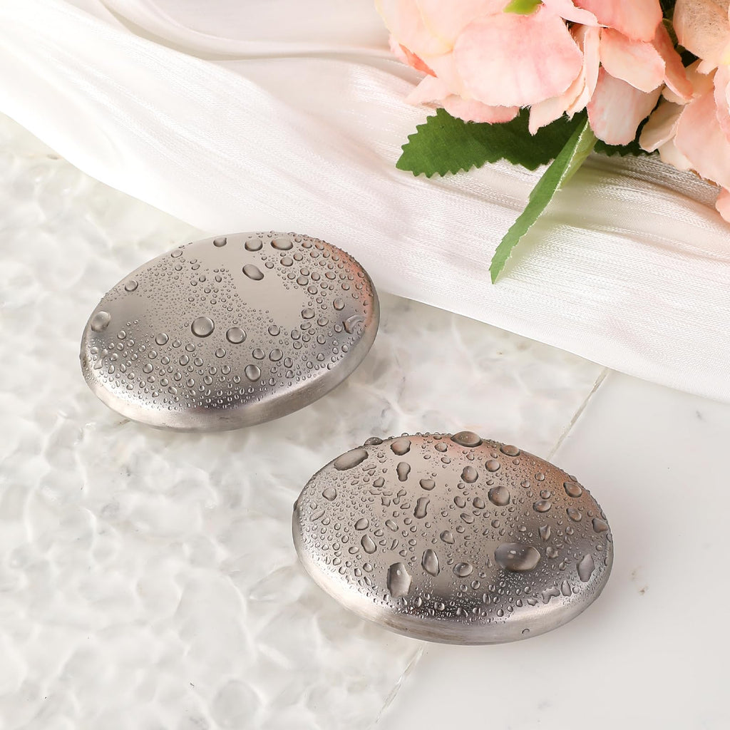COMNICO 2 Pack Stainless Steel Soap Bar, Silver Odor Remover Magic Metal Odor Absorber Soap Rubbing Stone Kitchen Gadgets Eliminating Hands Skin Smell Like Onion Garlic Strong Scents (Oval)