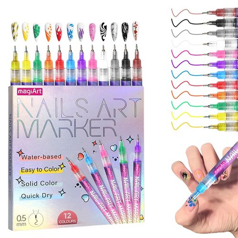 12 Colors Nail Art Pens Set, Nail Polish Marker with 0.5mm Fine Tip, 3D Nail Polish Pens Graffiti Dotting Liner Pen, Quick Dry & Water-Based DIY Nail Design Pens for Beginners & Professionals
