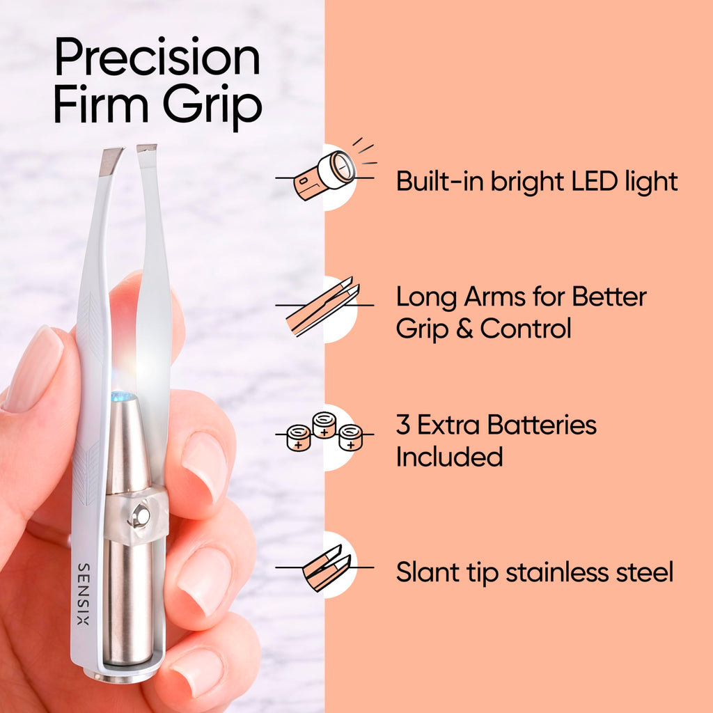 Sensica Eyebrow Tweezers with Light – LED Lighted Tweezers for Women Facial Hair – Precision Eyebrow Plucking Slant Tip Stainless Steel Tweezer with Long Arms & 3 Extra Batteries