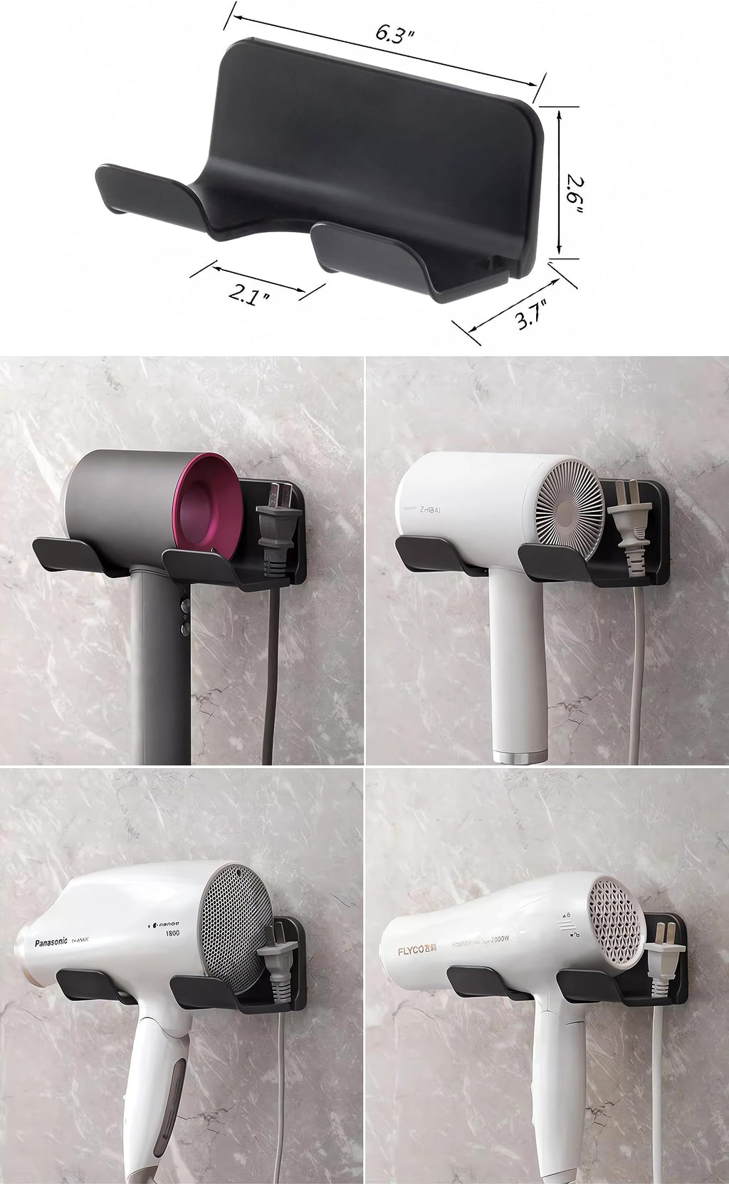 SUPTEC Universal Hair Dryer Holder, Blow Dryer Hanger Wall Mount for Hair Dryer Hook with Plug&Cord Organizer Self Adhesive for Cabinet Bathroom(1 Pack Black)