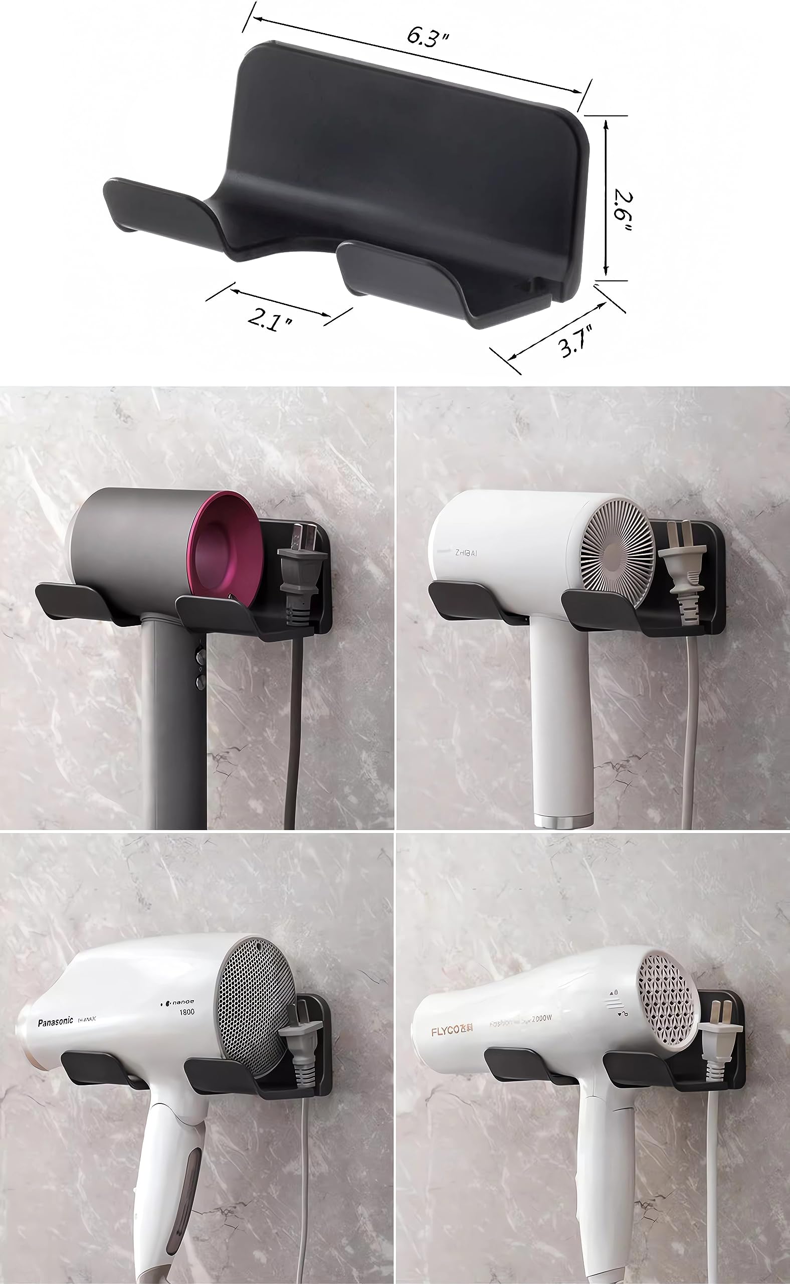 SUPTEC Universal Hair Dryer Holder, Blow Dryer Hanger Wall Mount for Hair Dryer Hook with Plug&Cord Organizer Self Adhesive for Cabinet Bathroom(1 Pack Black)