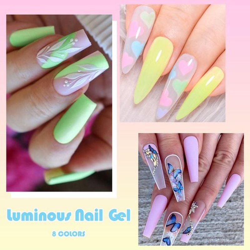 MEET ACROSS Glow in the Dark Gel Nail Polish Set, Halloween Neon Hot Pink Yellow Green Bright Luminous Gel Polish Fluorescent 8 Colors Glow in Dark Effect with Base Top Gel Nail Dehydrator and Primer