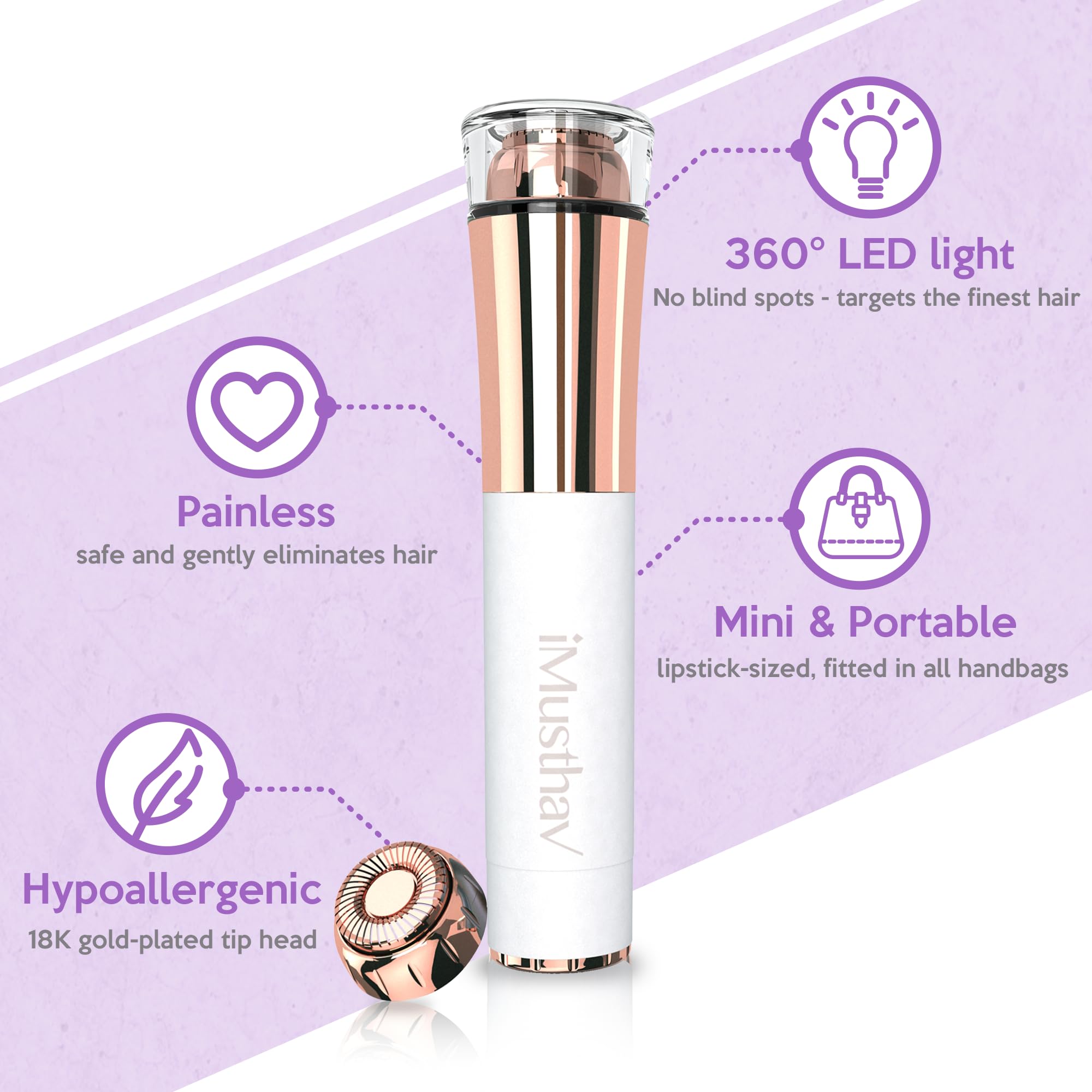 Facial Hair Removal for Women, Painless & Flawless Electric Face Hair Remover, Face Shaver Razor & Trimmer for Upper Lip, Chin & Peach Fuzz, 18K Gold-Plated / 360° LED Light/Floating Head Blade