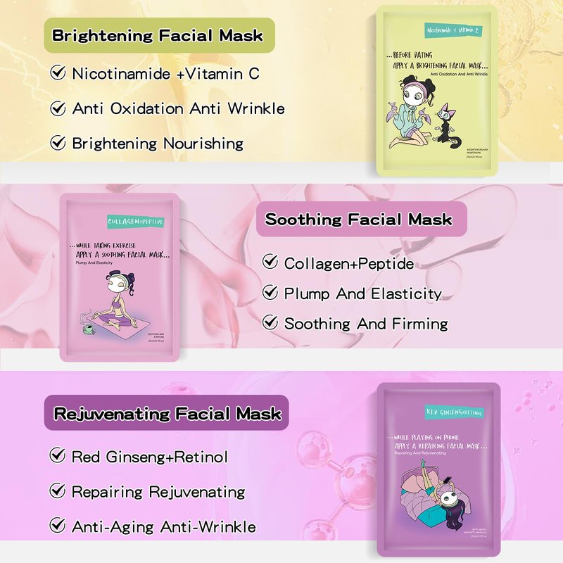 Face Masks Skincare Set for Girl,Moisturizing Collagen Facial Masks for Women Home Spa,Hyaluronic Acid Face Mask for All Skin Types,Day Night Facial Mask Hydrating,Deep Cleaning,Oil Contral(6Pack)
