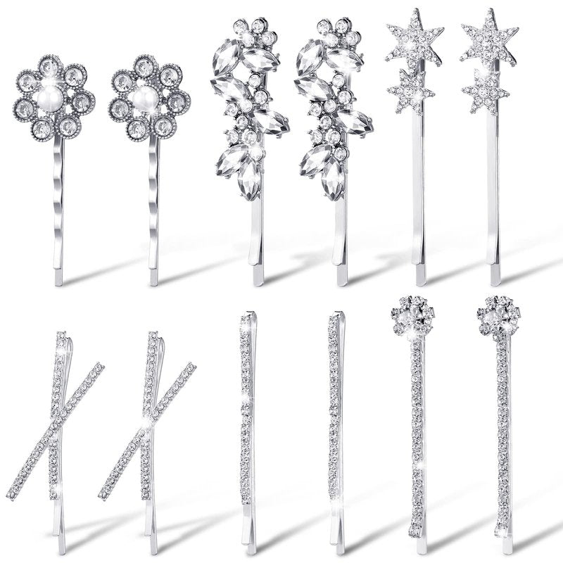WILLBOND 12 Pieces Rhinestone Bobby Pins Decorative Fancy Crystal Hair Clips Shiny Metal X Shaped Barrettes Bling Diamond Wedding Bridal Shower Hair Accessories for Women Ladies(Silver)