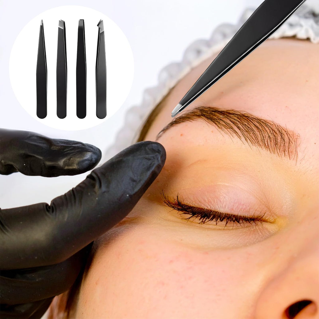 4 Pack Tweezers for Eyebrows, Stainless Steel Pointed Tip Ingrown Hair Removal Tweezers Black Precision Tweezer Set for Women Men Precision for Eyebrows Facial Ingrown Hair and Splinter Removal