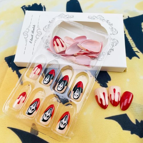 Halloween Press on Nails Short Almond False Nails Red Bloody & Horror Ghost Designs Halloween Fake Nails Glossy Full Cover Almond Nails Tips Stick on Nails for Women Gothic Holiday Nail Art 30Pcs