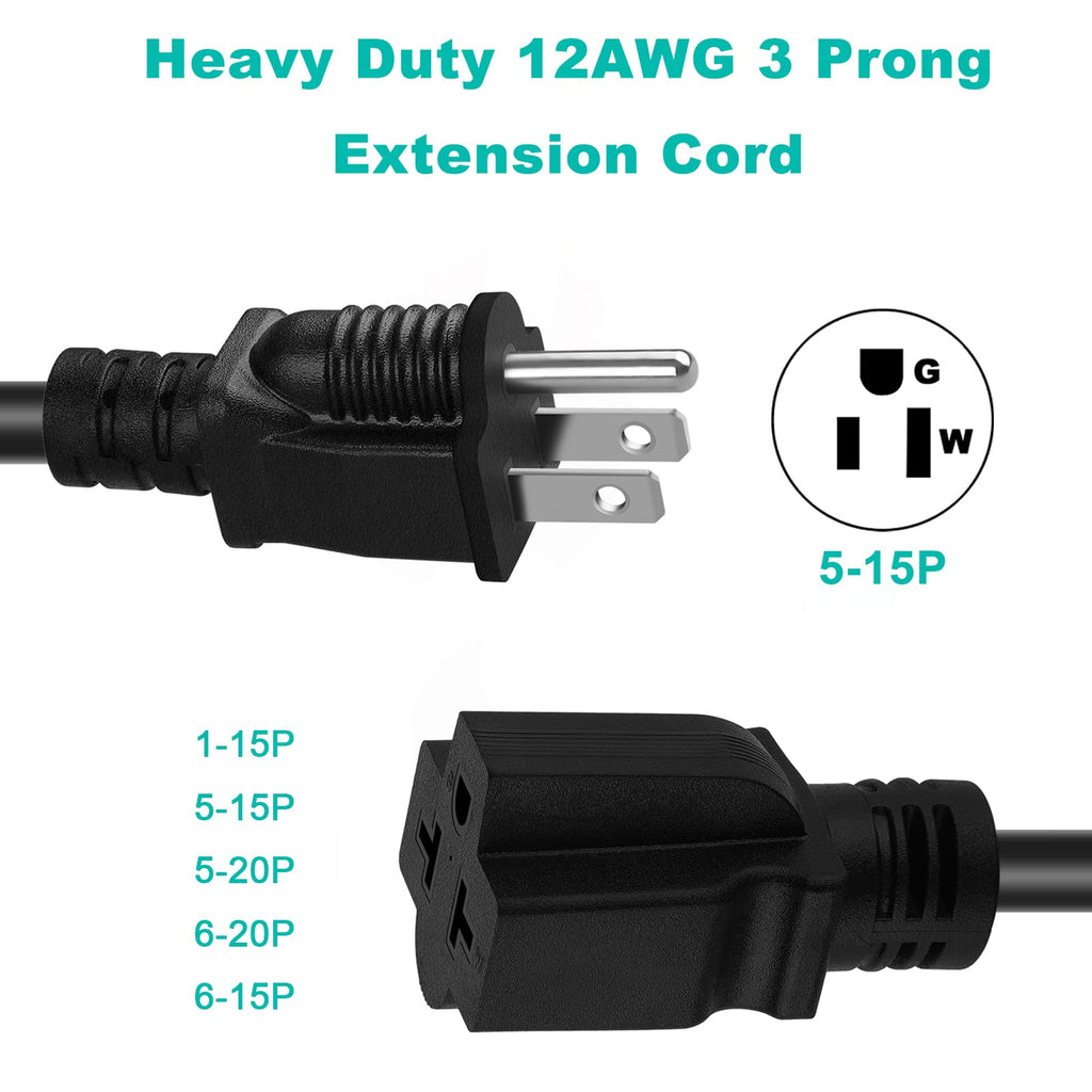 LAKCZIO 6 FT 12 Gauge Extension Cord, 12AWG 15Amp 5-15P Household AC Plug Adapter to 20Amp 5-15R, 5-20R, 6-15R, 6-20R, T Blade Outlet Power Cord.