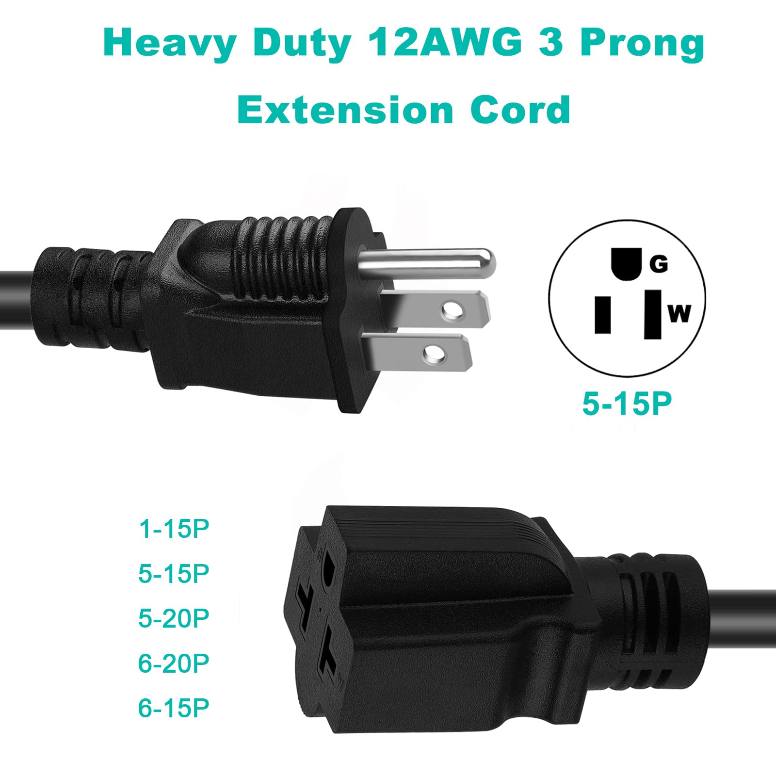 LAKCZIO 6 FT 12 Gauge Extension Cord, 12AWG 15Amp 5-15P Household AC Plug Adapter to 20Amp 5-15R, 5-20R, 6-15R, 6-20R, T Blade Outlet Power Cord.