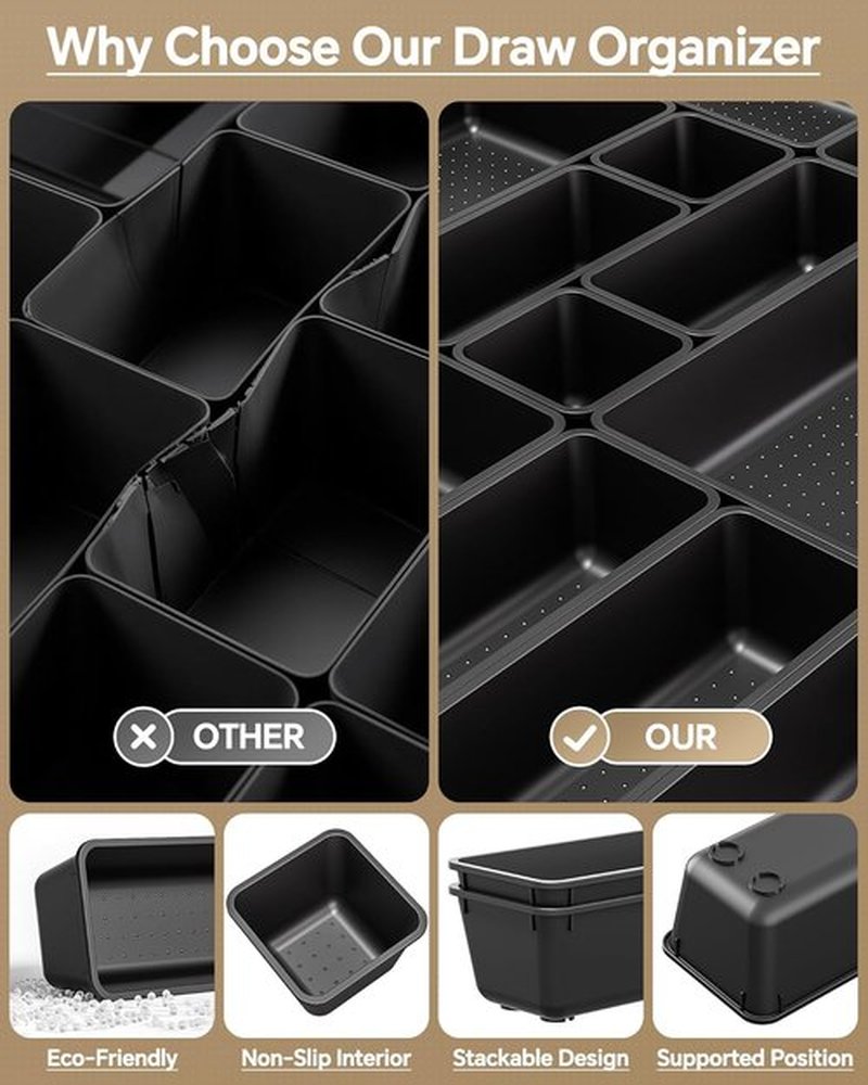 KEMETHY 25 PCS Plastic Drawer Organizers - Versatile Makeup & Desk Storage Trays | Black, 4 Sizes