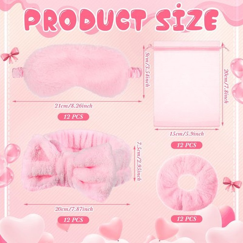 Mimorou 48 Pieces Spa Party Supplies 12 Spa Headband 12 Plush Sleep Eye Mask 12 Velvet Scrunchies 12 Organza Bags for Sleepover Slumber Party Favors Graduation Gift(Pink)