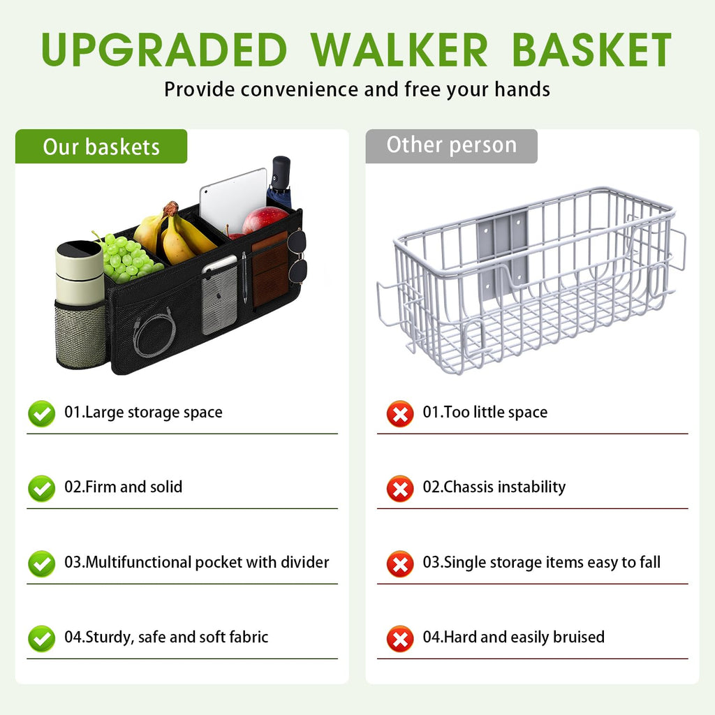BOHEMIABY Foldable Walker Basket with Cup Holder, Large Walker Bag & Easy Installation, Walker Accessories for Seniors with Limited, Walker Pouch for Water Bottles, Books, Essentials & More