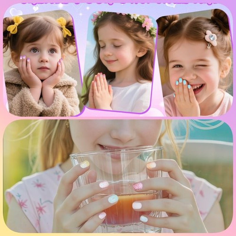120pcs False Nails Press on Nails for Kids - Self-Adhesive Short Fake Artificial Full Cover Nail Art Kits Transation with Nail Sticker Tabs for Girls Children