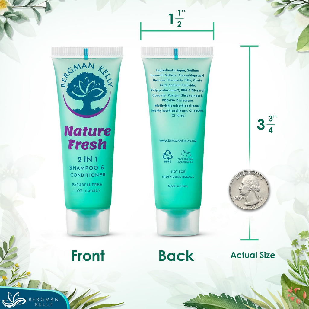 Bergman Kelly - Travel Size 2 in 1 Shampoo & Conditioner - 1 fl oz, 100 PK, Nature Fresh - Delight Your Guests w/Refreshing & Soothing Shampoo Amenities - Small Hotel Toiletries in Bulk