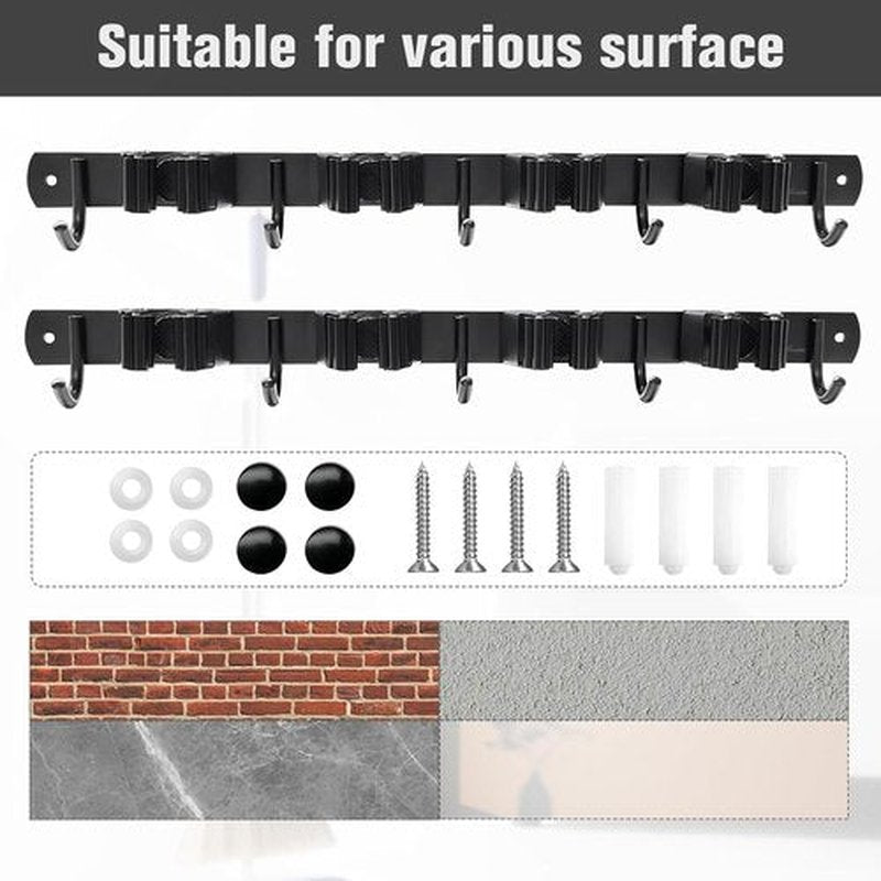 Skiennix Mop and Broom Holder - Wall Mount Organizer with 4 Racks & 5 Hooks | Heavy-Duty Stainless Steel for Home & Garage