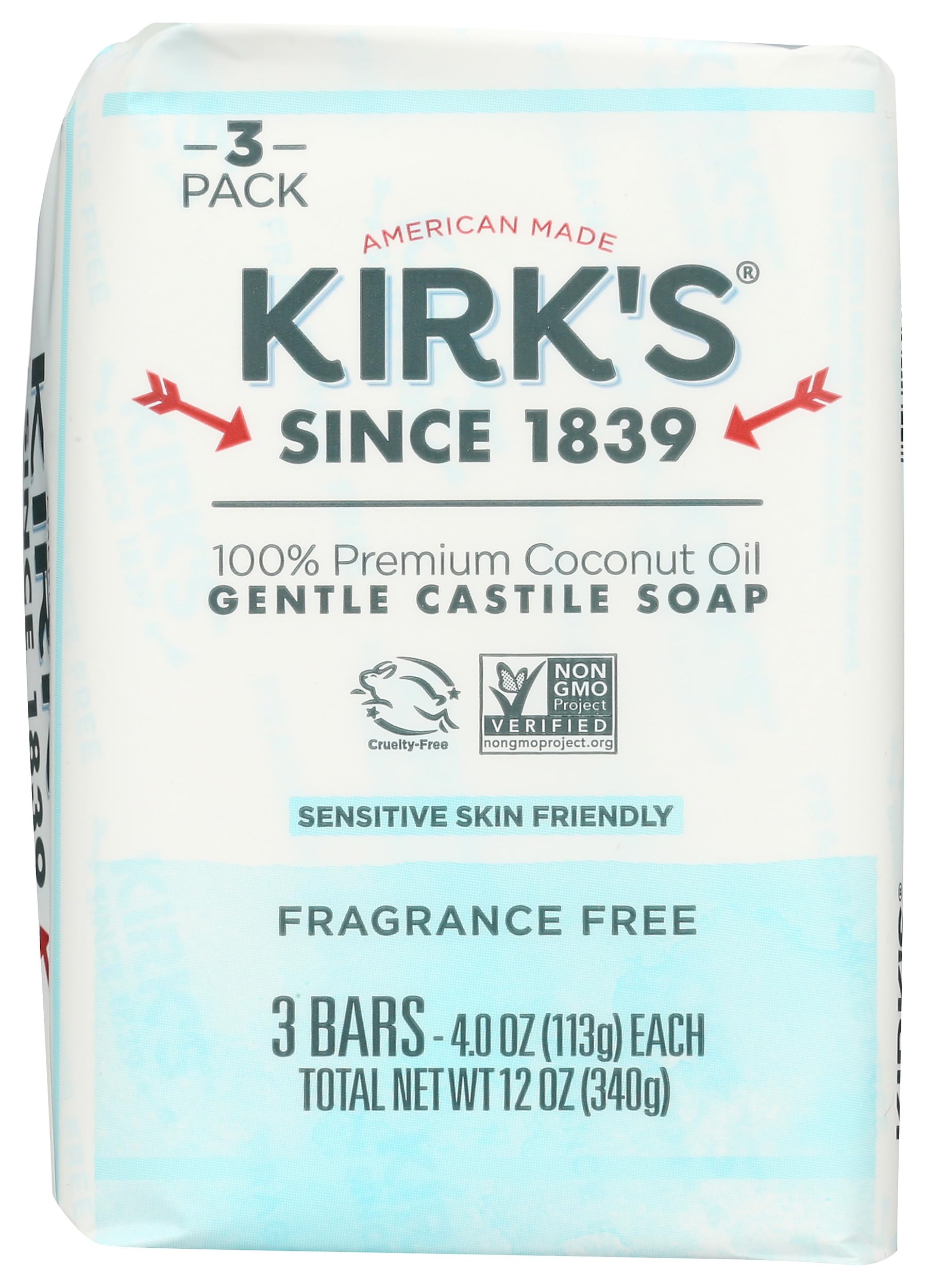 Kirk's Castile Bar Soap Clean Soap for Men, Women & Children | Premium Coconut Oil | Sensitive Skin Formula, Vegan | Fragrance-Free/Unscented | 4 oz. Bars - 3 Pack