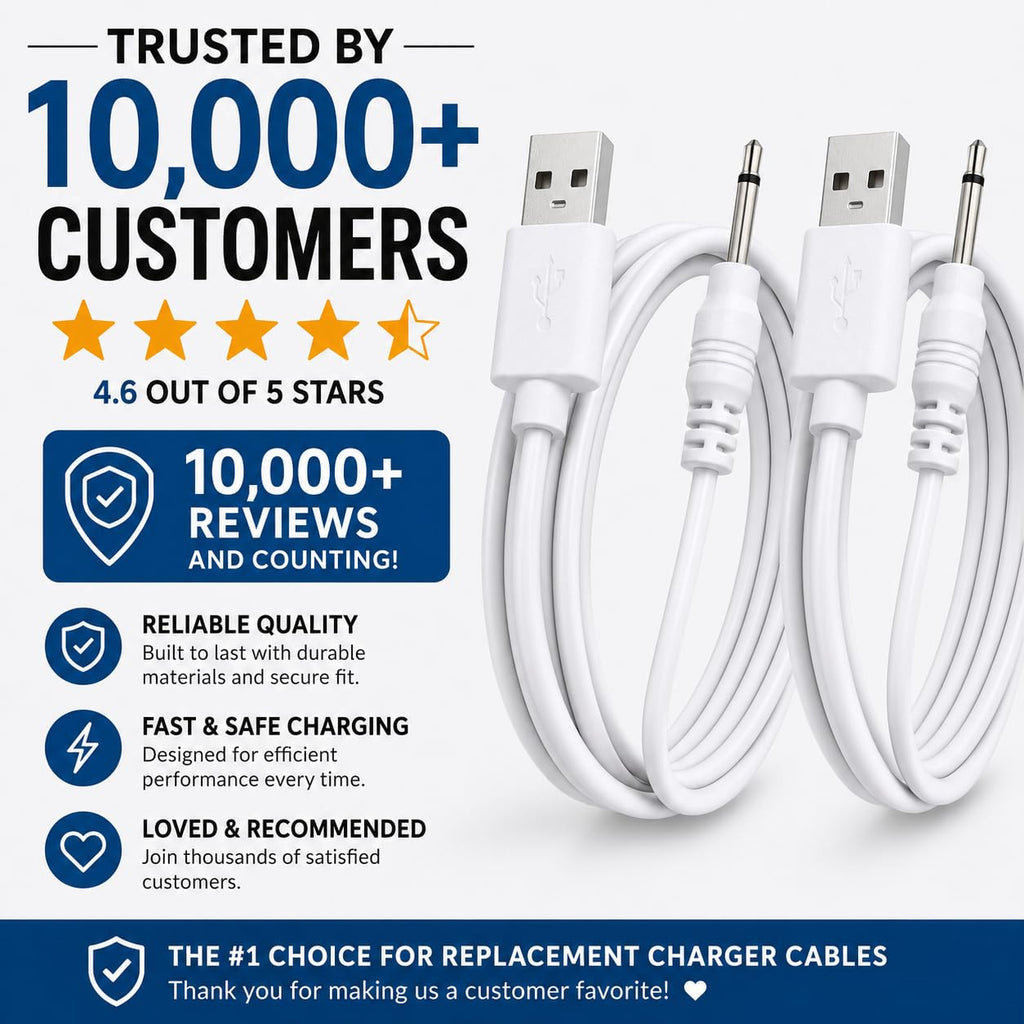 VibeMax (2 Pack) Massager Charger – Fast Charging USB Cable | 2.5mm DC Charger Cord