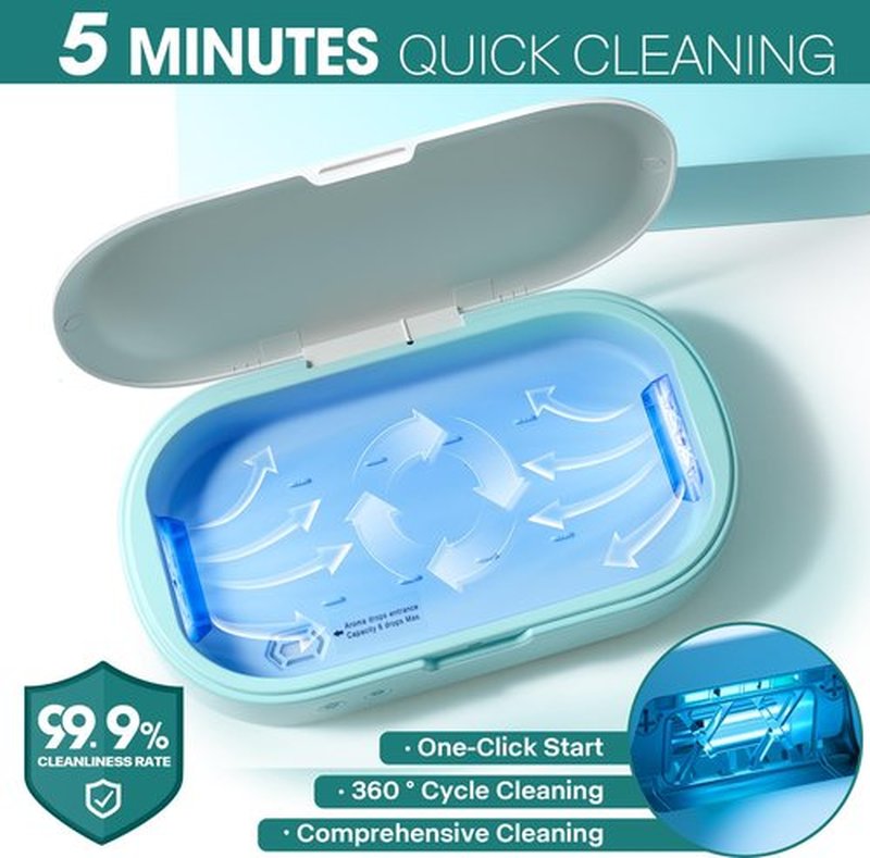 Portable Sterilizer Box & Essential Oil Diffuser | USB-C Sterilization Case for Phones, Jewelry, Watches | Cleanser for Home, Travel, Manicure & Makeup Tools | Fast 5-Min Cycle with Microfiber Cloth