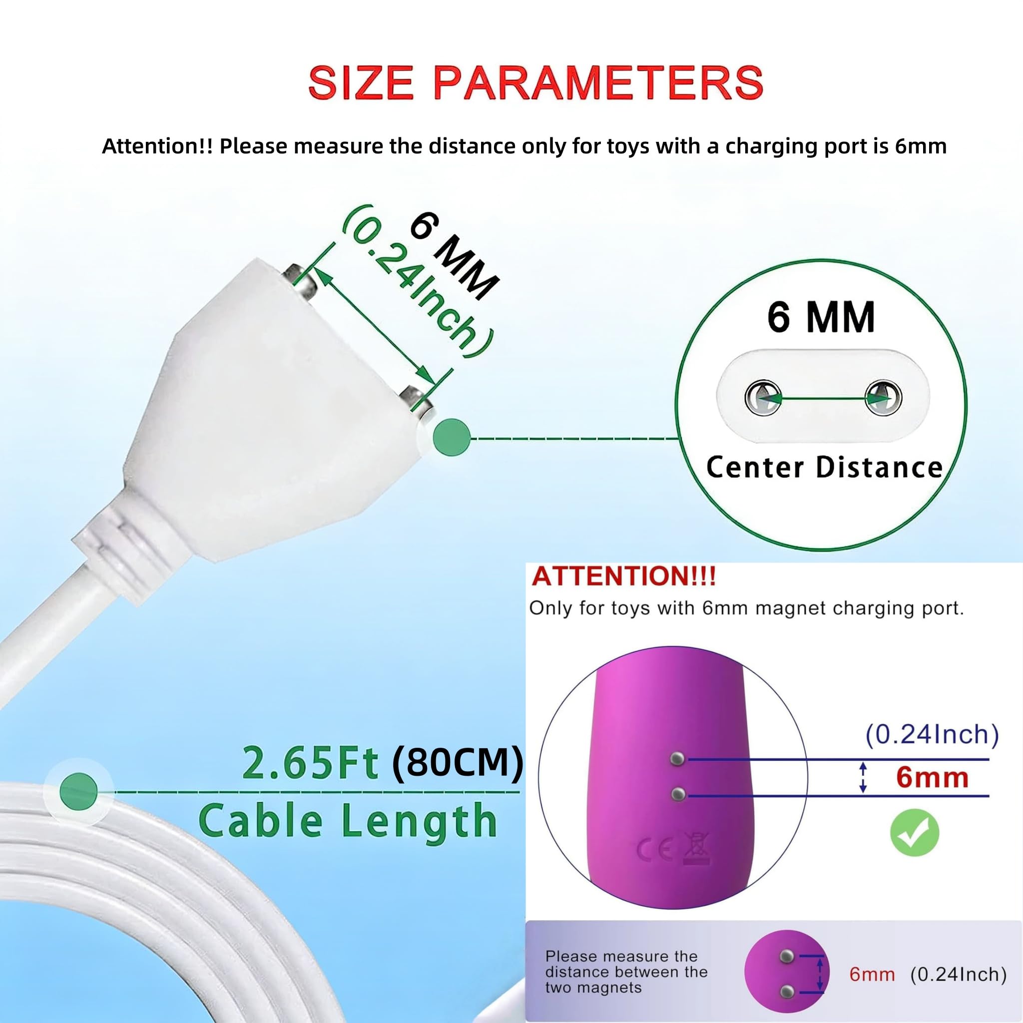 Rlissfiose 2Pack 6mm Magnetic Replacement Charger Cable with 2 Dots, 2.65ft(80cm) USB-A & USB-C Charging Port Set to Magnetic Cord for Rose Charger Toys,Massagers, Cleansers Electronics (6MM)