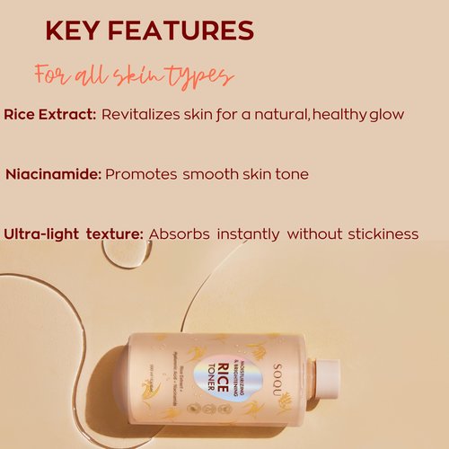 SOQU Moisturizing and Brightening Rice Toner - Enriched with Rice Extract, Niacinamide, and Hyaluronic Acid - 500ml / 16.9fl oz - Made in Korea