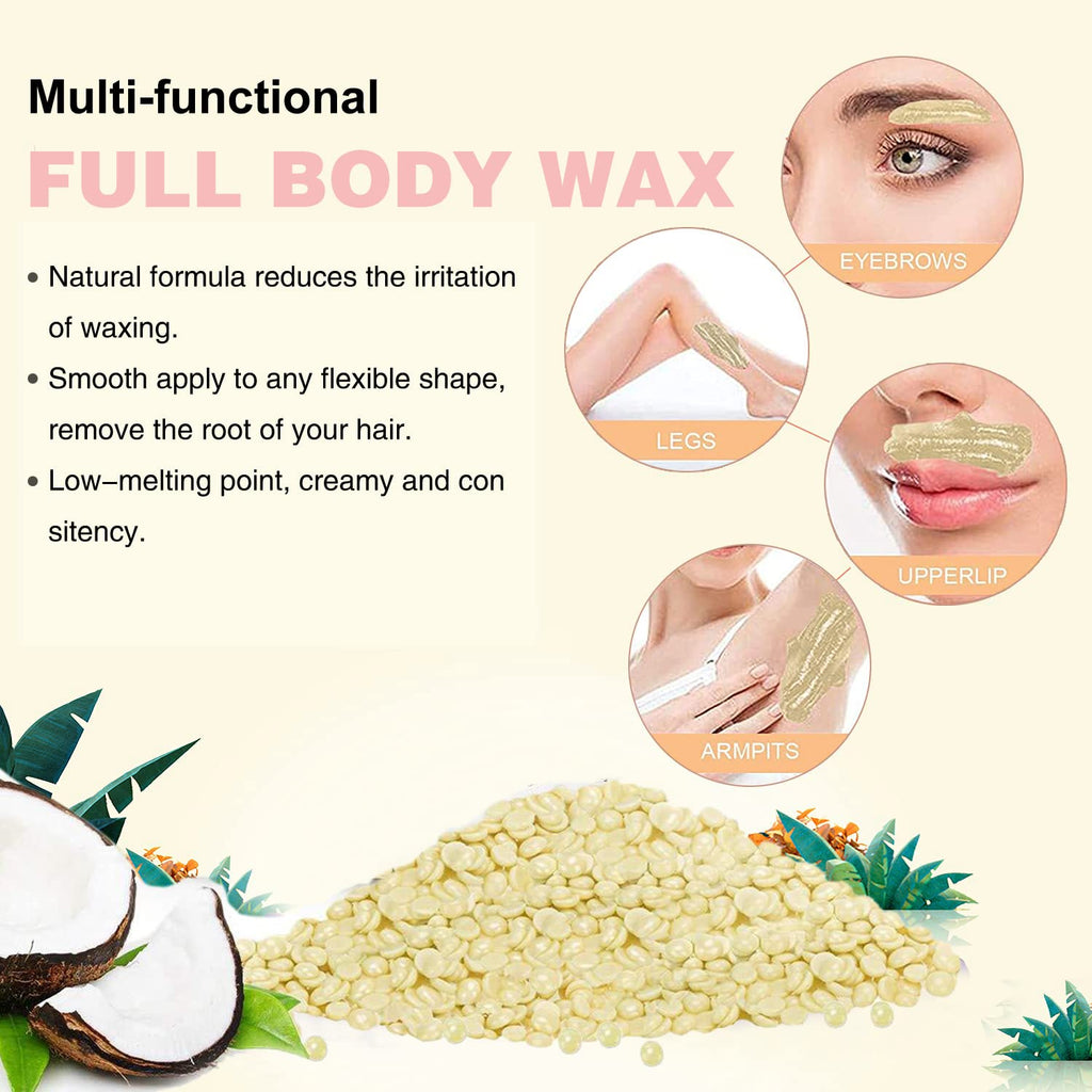 Hard Wax Beads for Sensitive Skin Hair Removal, 1.1LB Painless Pearl Waxing Beans with 20 Spatulas for Bikini, Eyebrow, and Facial At-Home Waxing for Women and Men (Cream)
