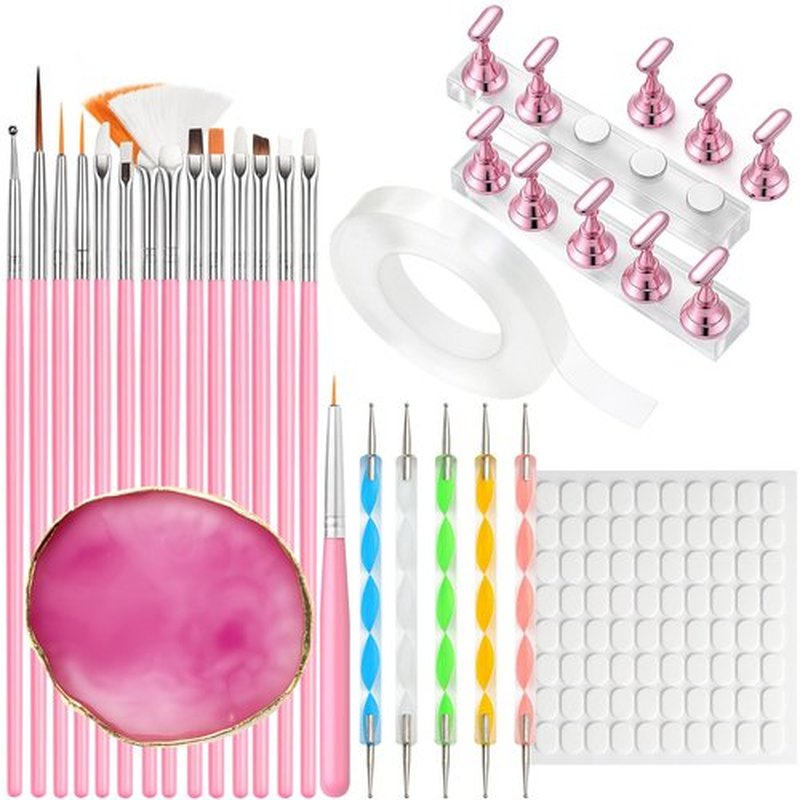 Nail Art Tools Set – 15pcs Pink Nail Art Brushes, 5pcs Dual-Ended Dotting Pens, 10 Nail Stands with 2 Bases, Nail Art Palette, Double-Sided Tape & Adhesive Tabs for DIY Nail Design
