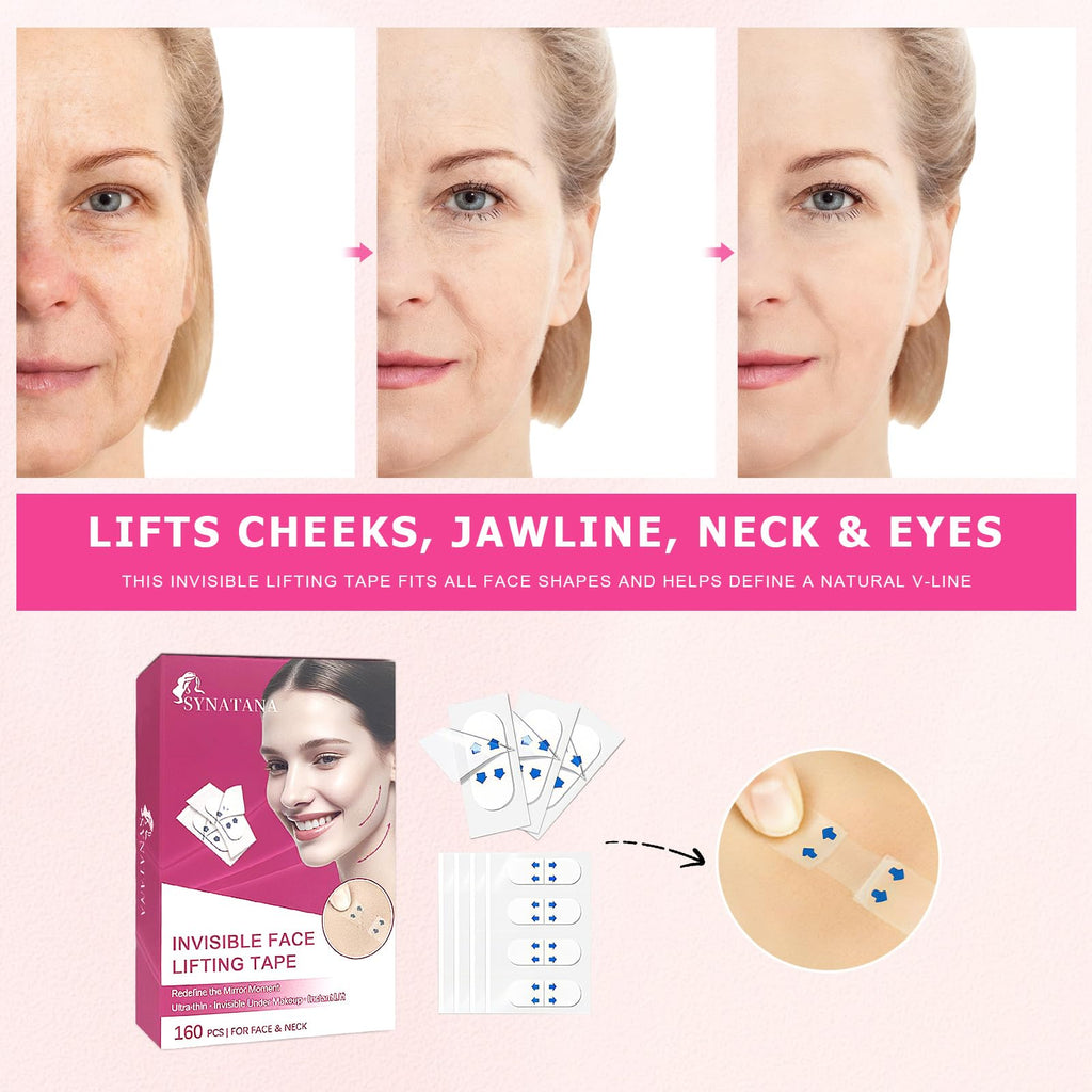 SYNATANA 160PCS Neck Tape Lifting Invisible for Instant Face Lifting, Face Lift Tape Invisible, Wrinkle Tape, Double Chin, Jowls, Eyes & Neck | Waterproof Skin Tape Under Makeup