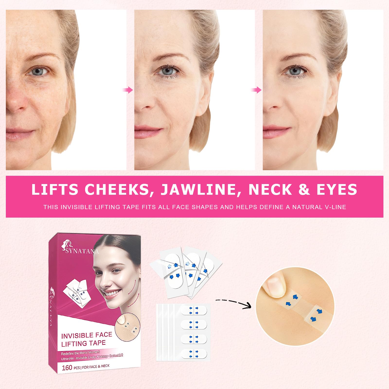 SYNATANA 160PCS Neck Tape Lifting Invisible for Instant Face Lifting, Face Lift Tape Invisible, Wrinkle Tape, Double Chin, Jowls, Eyes & Neck | Waterproof Skin Tape Under Makeup
