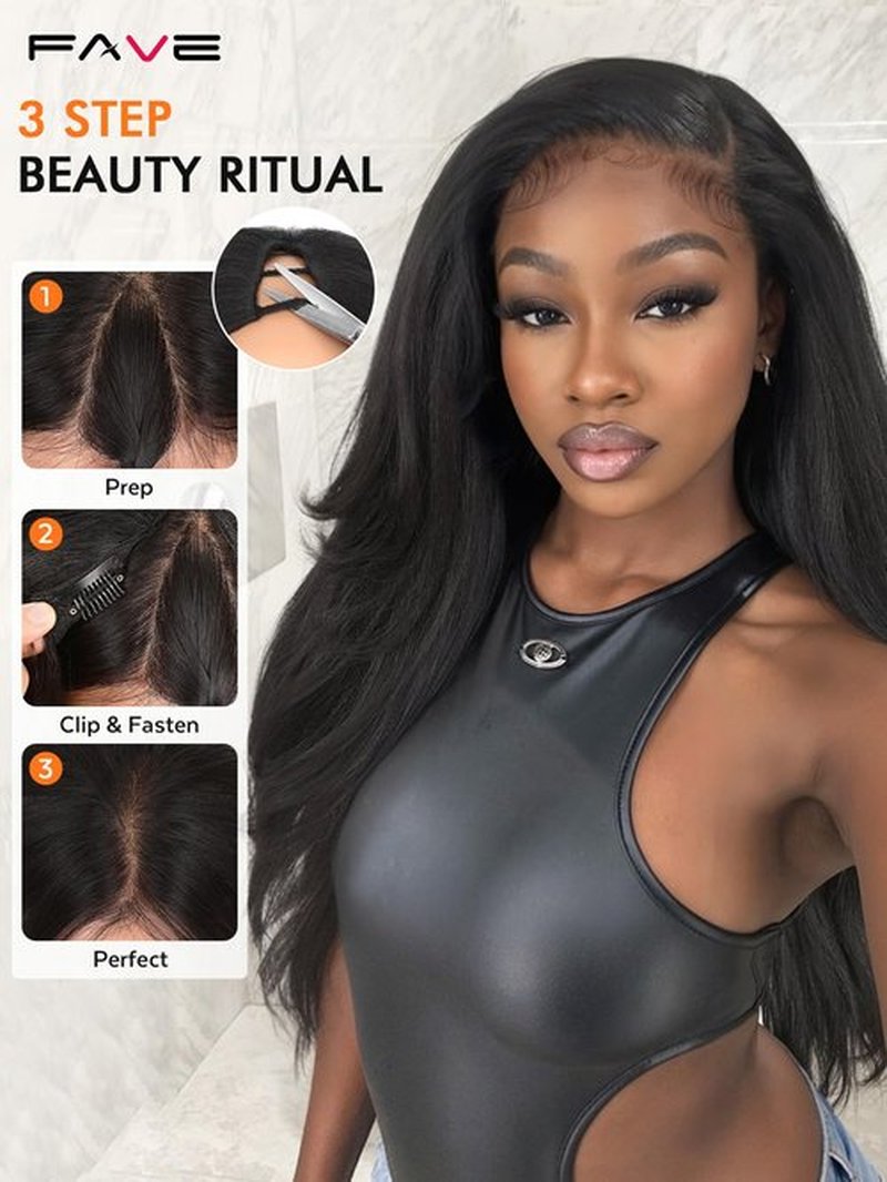 FAVE 26 Inch Yaki Curly V Part Wig Glueless Layered Half Wigs for Black Women Lightweight Synthetic Wigs Heat-Resistant Hair Replacement Wig Wear And Go