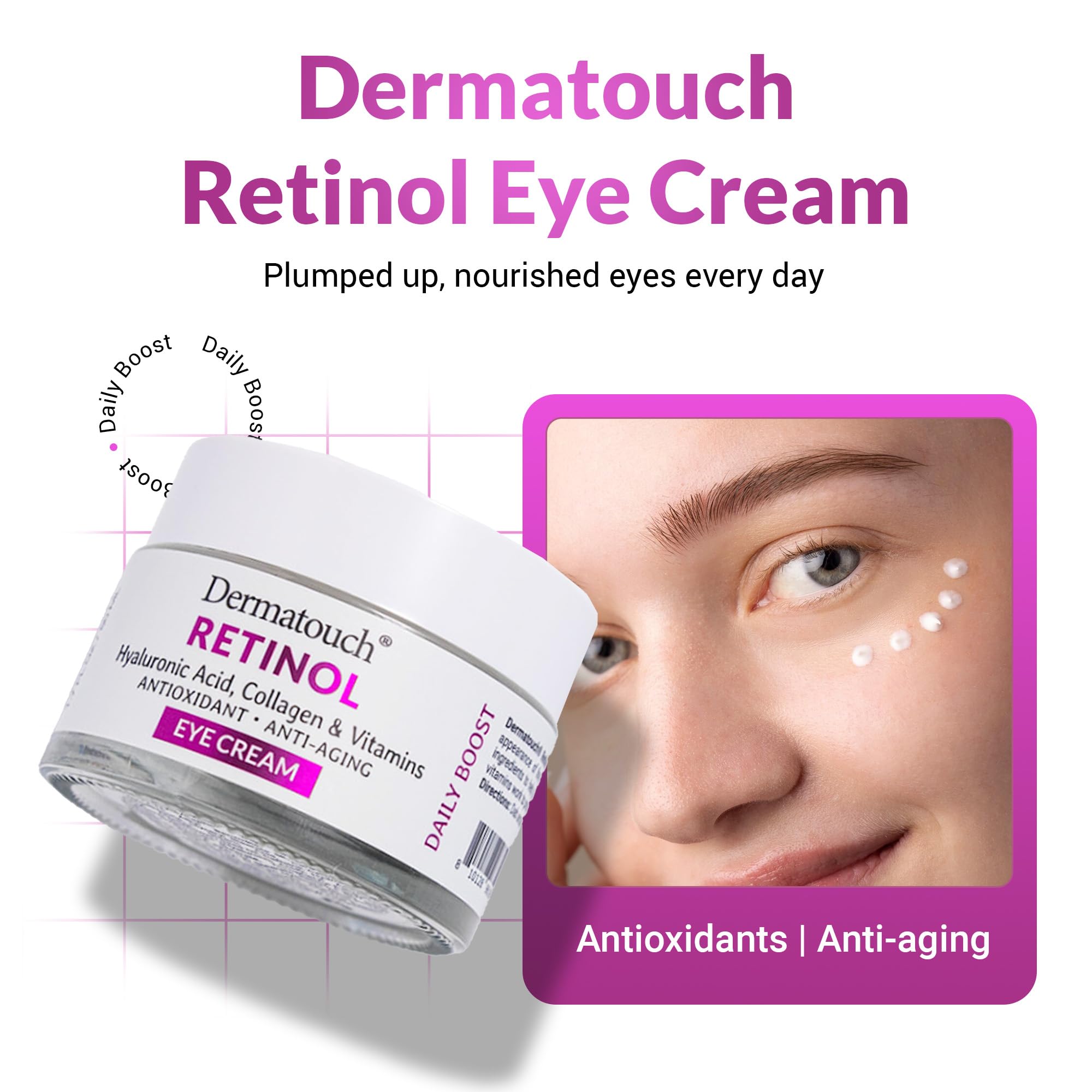 DERMATOUCH Retinol Eye Cream With Hyaluronic Acid, Vitamin C, A, & E, Collagen, & Caffeine, Under Eye Moisturizer With Vitamins & Antioxidants, Gluten Free, Non GMO Skin Care, Made in USA, 1.7 Fl Oz