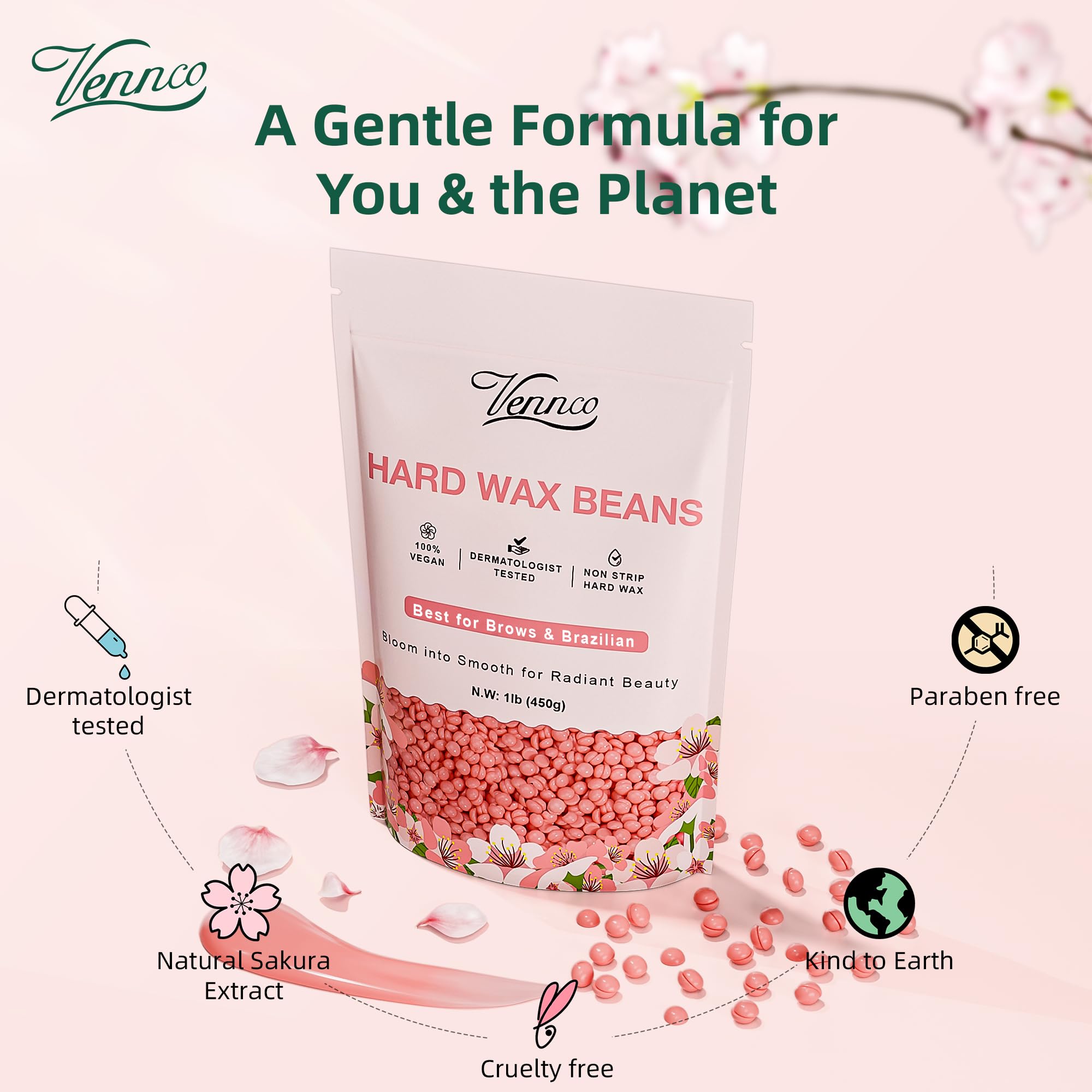 VENNCO Hard Wax Beads, 1lb Wax Beans for hair removal with Cherry Blossom Extract, Ideal for Sensitive Skin, Perfect for Facial, Eyebrows, Arms, and Brazilian Area, Wax Refill for Home Use