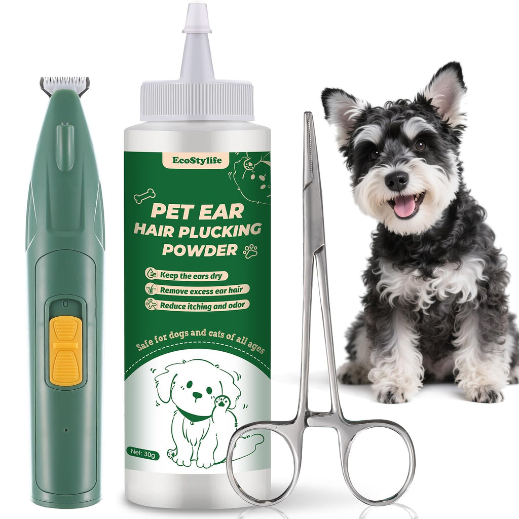 EcoStylife Dog Ear Hair Removal Tool – 30g Ear Powder, 5.5" Hemostat & Electric Dog Ear Trimmer – Helps Reduce Wax & Odor – Grooming Kit for Schnauzers, Poodles & Breeds with Ear Hair
