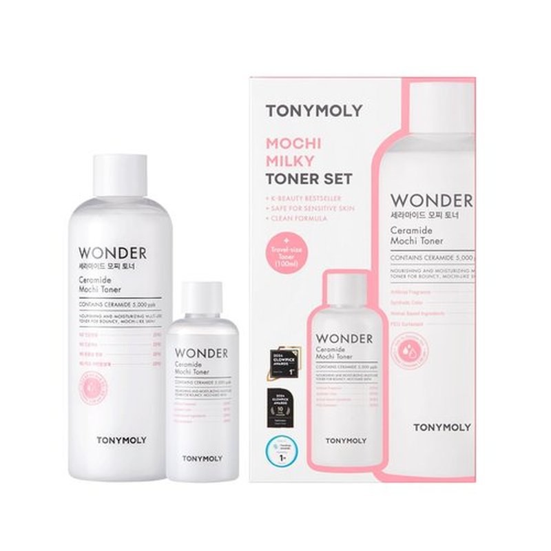 TONYMOLY Mochi Milky Toner Set – Hydrating Korean Toner with Ceramide, CICA, Panthenol & Hyaluronic Acid – Strengthens Skin Barrier, Soothes & Moisturizes – 500ml + 100ml Travel Size Duo