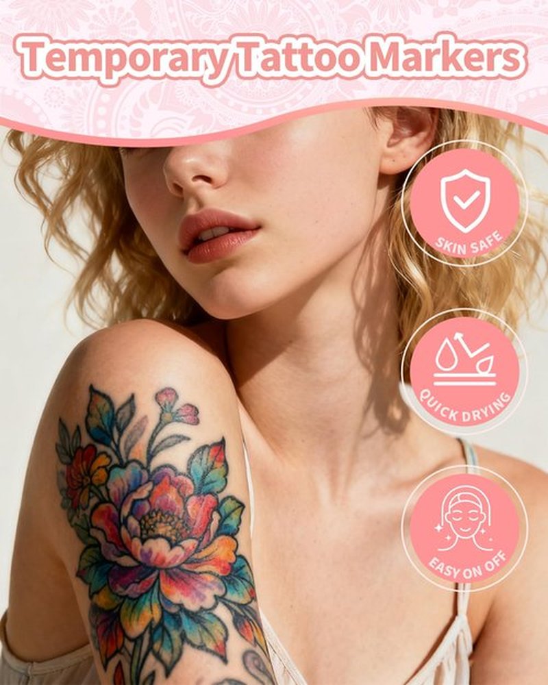 Oiomniv Temporary Tattoo Markers, 15PCS Body Markers Dual-End for Teens Adults, 62 Tattoo Stencils Temporary Tattoos Stickers, Glitter Matte Neon Tattoo Pens, Flexible Brush Tip, Skin Safe