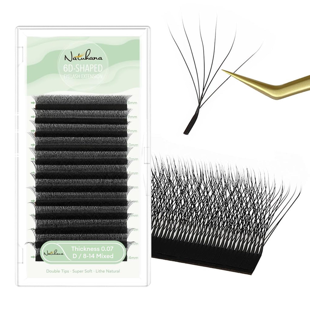 NATUHANA Eyelash Extensions 0.07 D Curl 8-14mm W Shaped Clover Classic Easy Fan Permanent Volume Lash Extensions Automatic Blooming Flower Lash,Professional Supplies for Lash Techs(6D,0.07-D,8-14 Mix)