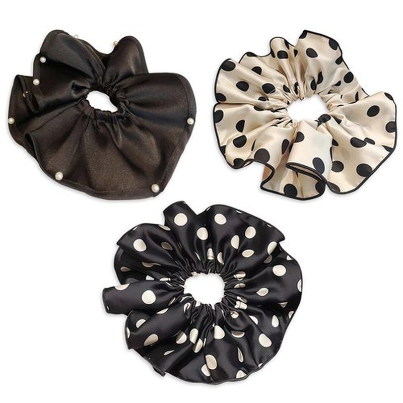 3 PCS 7.9 Inches Oversized Satin Scrunchies with Pearl and Polka Dot, Jumbo Large Hair Ties & Ponytail Holders for Women and Girls, Vintage Chic Extra Large Hair Accessories