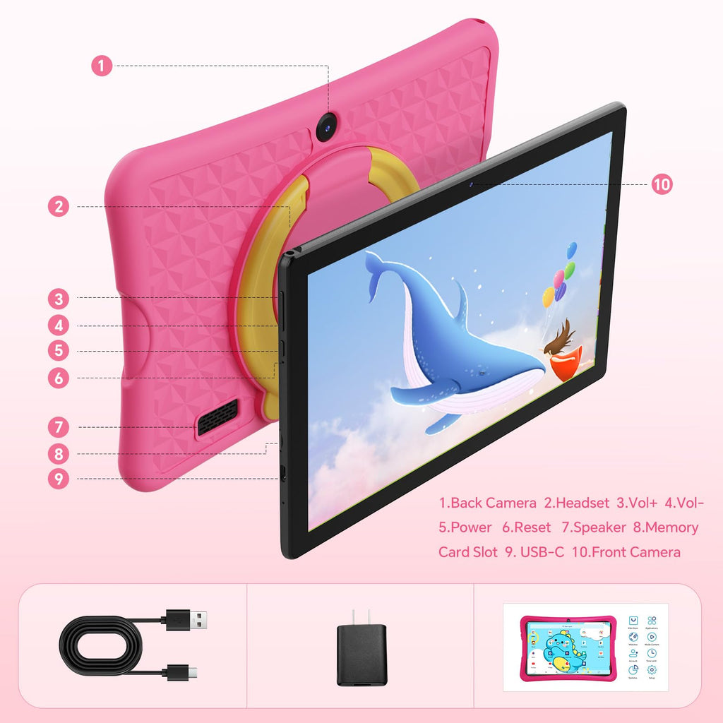 DigiLand 10.1 Inch Kids Tablet, Android 15 Tablet for Kids,6G+32GB up to 128GB,6000mAh Battery,Dual Camera,WiFi,BT 5.0,Best Electronics Tablets Gift for Kids,Shockproof Protective Case (Pink)