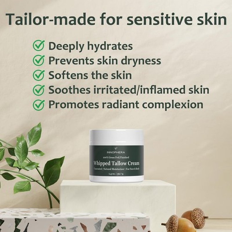 Innophera Whipped Beef Tallow Cream for Skin Care ‒ Grass Fed & Grass Finished ‒ 100% Natural Moisturizer for Sensitive Skin ‒ Handmade Face & Body Lotion ‒ Unscented & Odorless ‒ 1.4 oz.