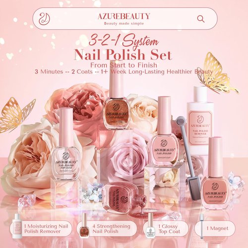 AZUREBEAUTY Cat Eye Nail Polish Set, 4 Colors Magnetic Nude Jelly Glitter Quick Air Dry Non Gel Natural Fingernail Lacquer Strengthening Treatment Kit with Top Coat DIY Salon at Home