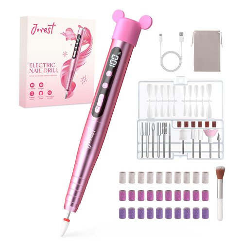 JOREST 13-in-1 Cordless Electric Nail Drill Kit with LED Display, 35,000 RPM 6-Speed Rechargeable Manicure Tool for Acrylic Gel Nails, Nail File with Bits & Sanding Bands for Beginners, Rose Pink