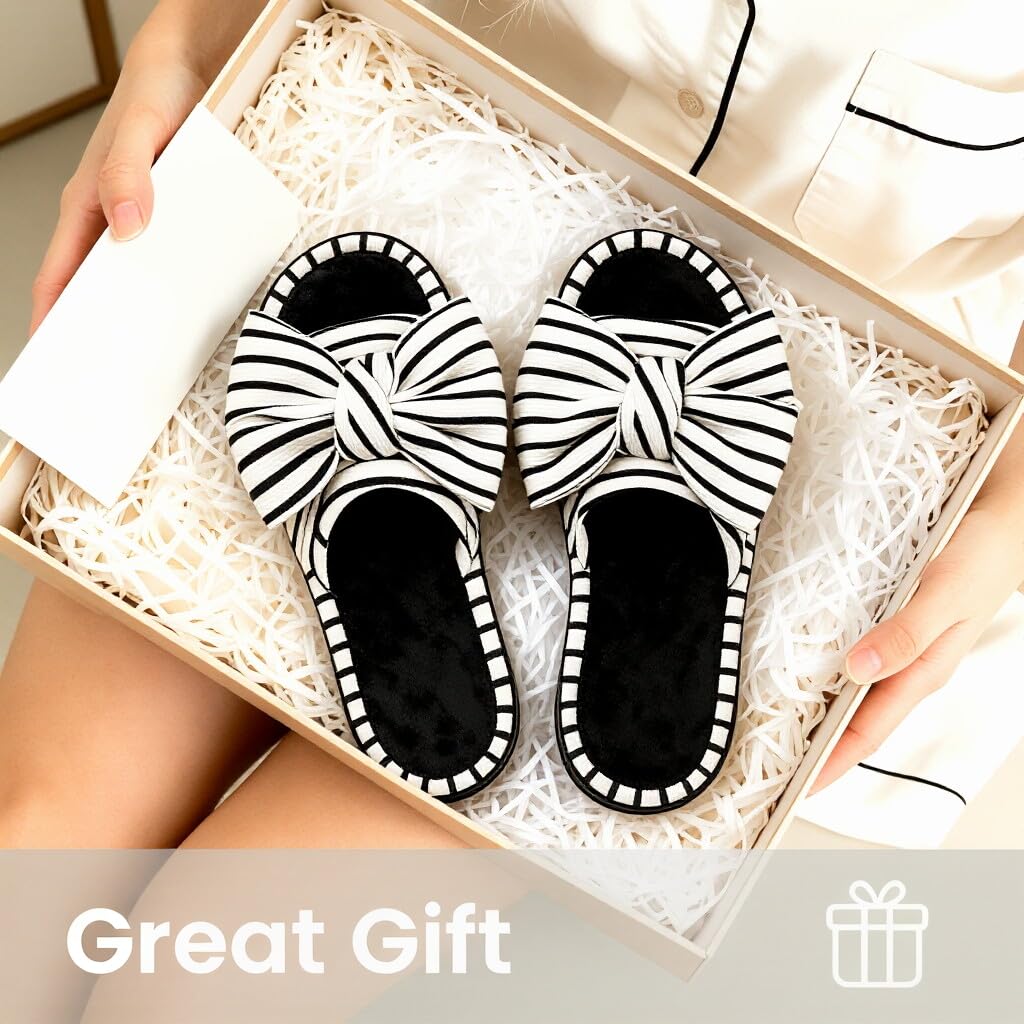 ULTRAIDEAS Womens Indoor Outdoor Slippers, Memory Foam Open Toe Cute House Shoes for Bedroom with Bow Design, Gift for Women(Black,7-8)