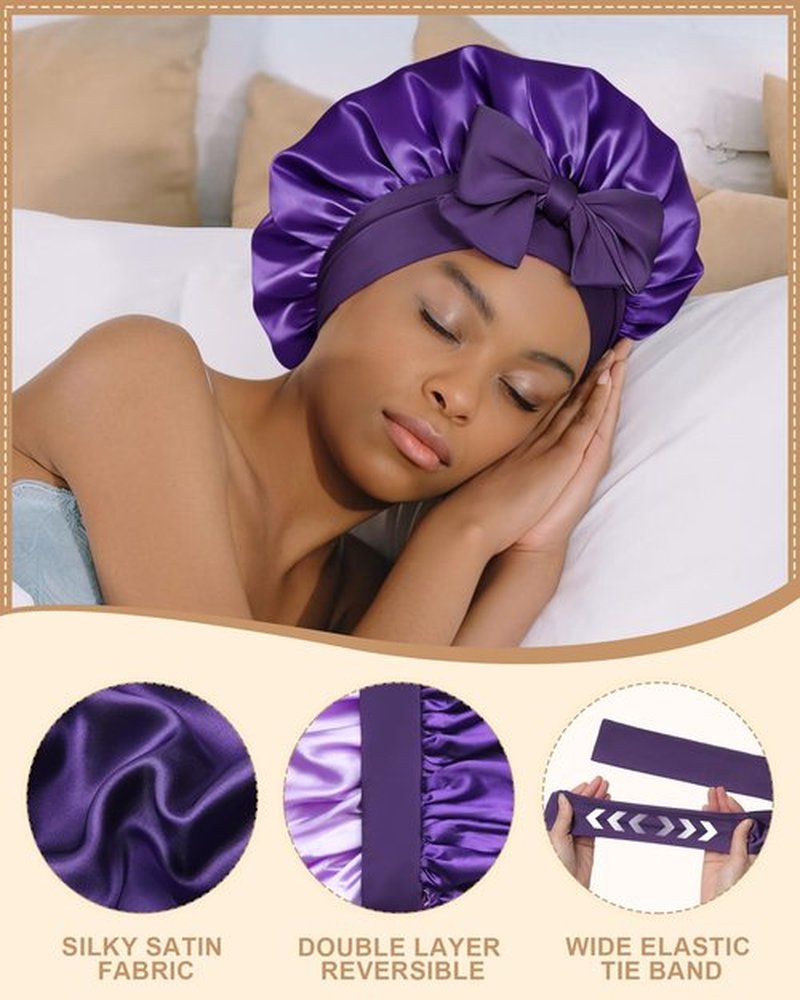 Satin Bonnet for Women Silk Bonnets for Sleeping Curly Hair Bonnet with Elastic Tie Band Reversible Double Layer Sleep Cap Hair Wrap (Purple)