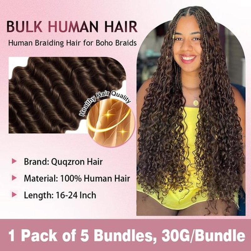 Boho Hair for Braiding Human Braiding Hair 150g 5 Bundles/Pack 18 inch Deep Wave Boho Hair 100% Unprocessed Brazilian Virgin Hair Chocolate Brown Braiding Hair Bohemian No Weft