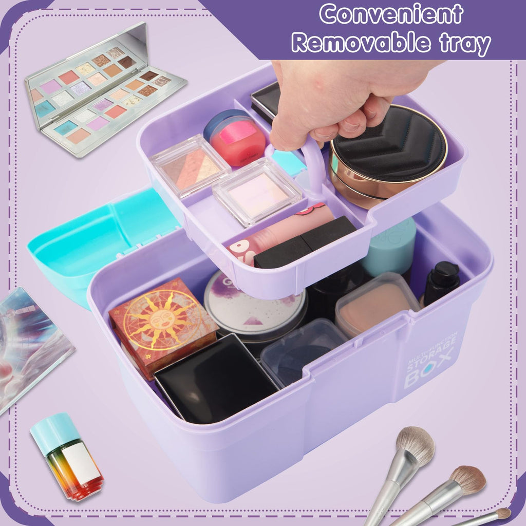 TERGOO 11in Mutipurpose Storage Box Organizer with Removable Tray, Portable Small Craft Organizer with Handle, Plastic Clear Tool Box Art Case for Makeup, Sewing, Nail, Hair Accessories (Purple Blue)