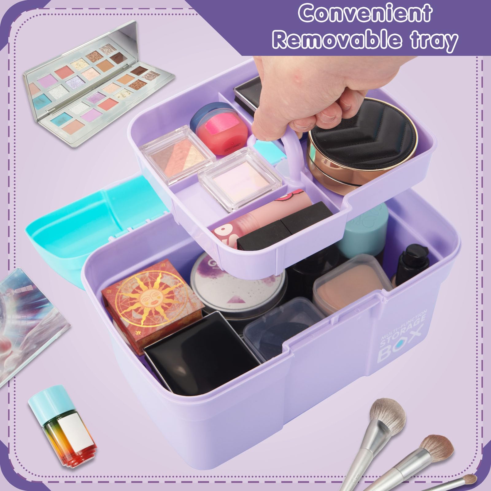 TERGOO 11in Mutipurpose Storage Box Organizer with Removable Tray, Portable Small Craft Organizer with Handle, Plastic Clear Tool Box Art Case for Makeup, Sewing, Nail, Hair Accessories (Purple Blue)