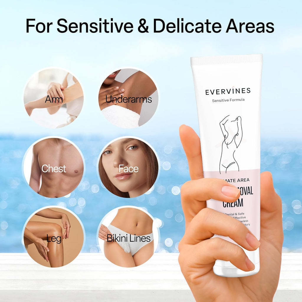 Evervines Hair Removal Cream for Women: Fast & Painless Depilatory for Bikini Pubic Legs Arms Underarms - Sensitive Skin Safe - Travel & Home Use with Scraper – 4.2oz