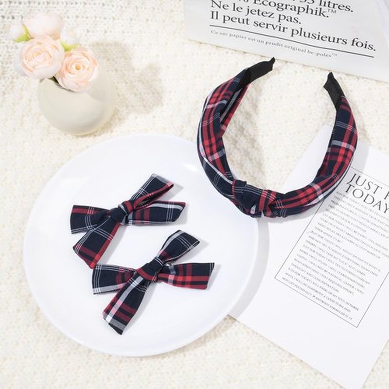 DEEKA School Uniform Plaid Hair Bows & Knotted Plaid Headband & Scrunchies Fable Hair Bow Set Alligator Clips for Toddler Girls Hair Accessories for Little School Girls (Dark Navy&Red)