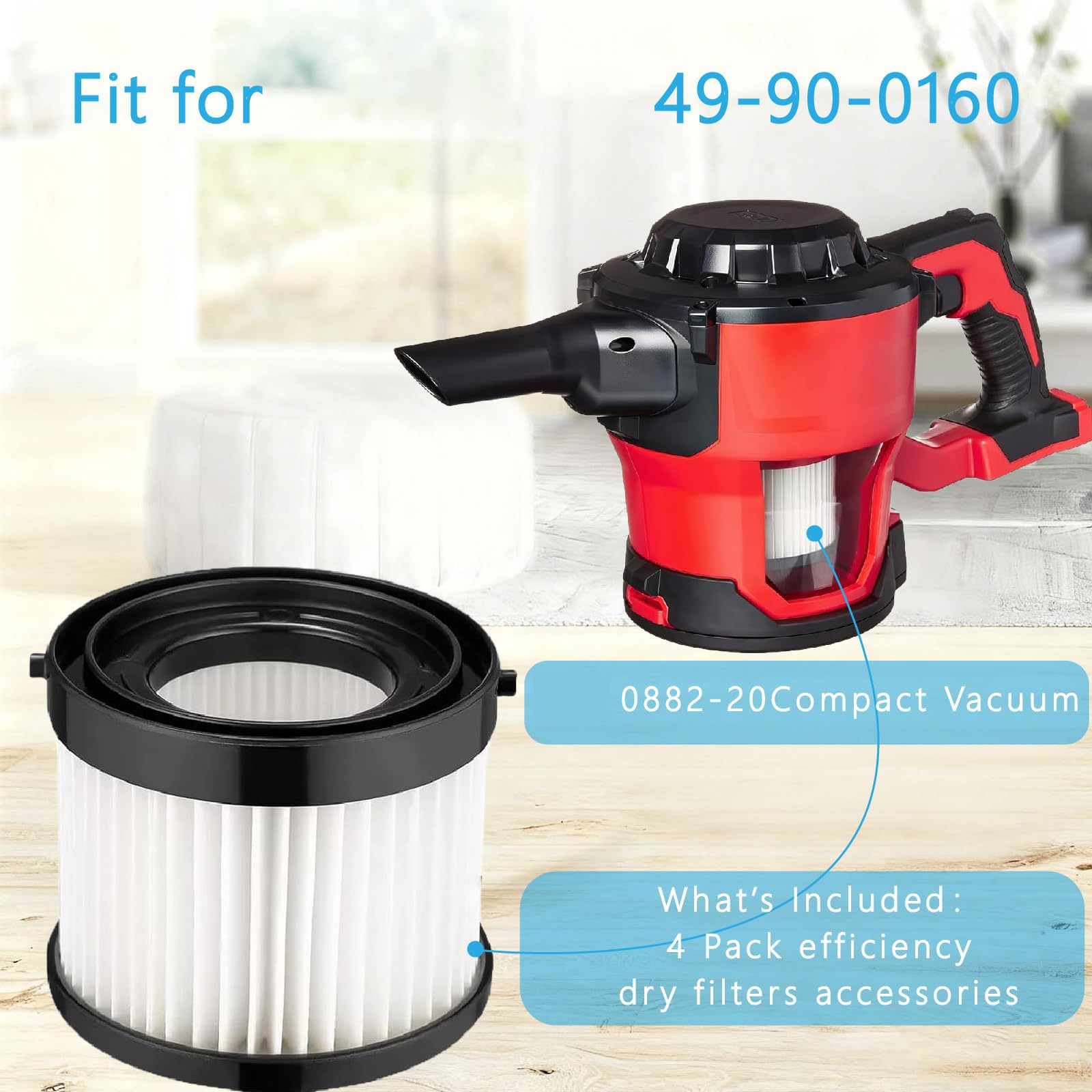4 Pack 49-90-0160 Cartridge HEPA Filter Fits for Milwaukee Compact Vacuum filter M18 Model# 0882-20, Part # 49-90-1951