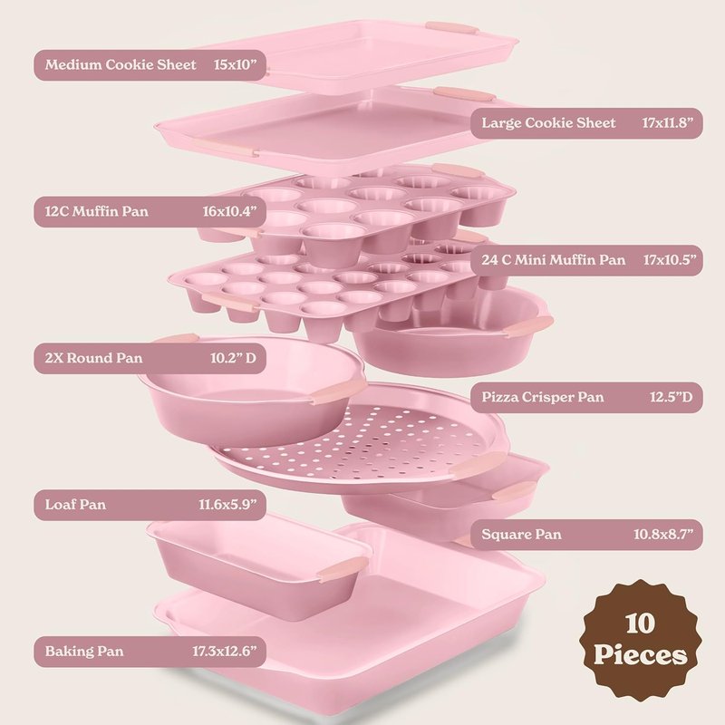 Country Kitchen Nonstick Bakeware Set - Heavy Duty, Easy Release, Stackable, Pink | 10 Pieces
